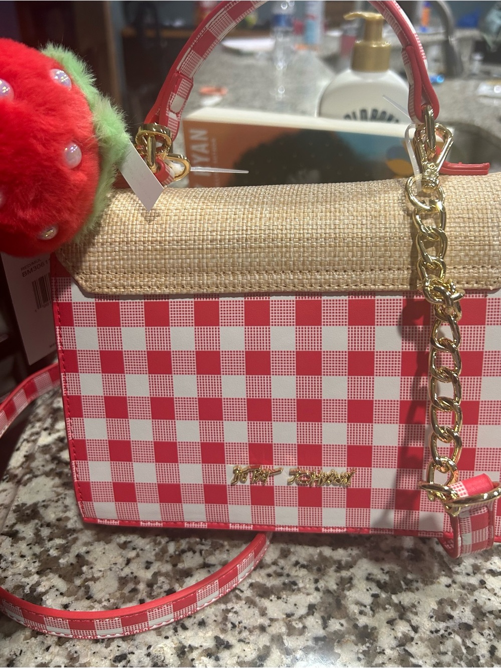 NWT Betsey Johnson Red and Cream Gingham Strawberry Crossbody Bag - Picture 5 of 7